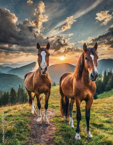 Pedigree horses on a pasture in summer