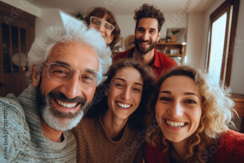 A diverse group of individuals standing side by side, posing for a group photo., Multigenerational family taking a selfie at home in the living room, AI Generated