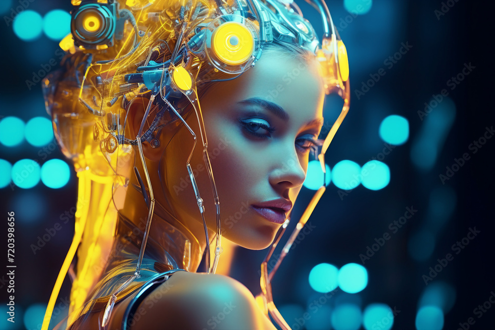 Ai generative science fiction picture of futuristic cyberpunk cyborg illuminated with bright neon colors Ai generative science fiction picture of futuristic cyberpunk cyborg illuminated with bright neon colors