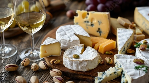 Cheese platter with different types of cheese and snacks on a wooden table. Dairy products. Assortment of cheese with copy space. International cheese specialities. wine snacks concept.