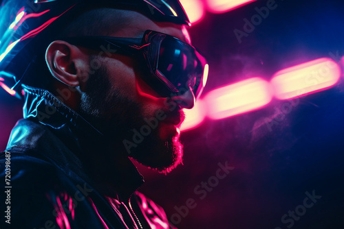 Ai generated illustration image of video game personage cyberpunk driving motorcycle speed motion neon illuminated city