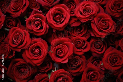 A vibrant bunch of red roses arranged closely together  creating a stunning display of beauty and elegance.  Natural fresh red roses flowers pattern wallpaper  AI Generated