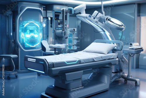 A hospital room containing a bed and essential medical equipment for patient care., Neurourgeons are operating with medical robotic surgery machine, AI Generated