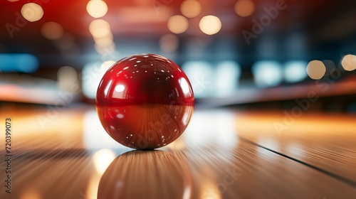 Bowling strike ball smashing pins on alley line, intense sport competition or tournament concept.