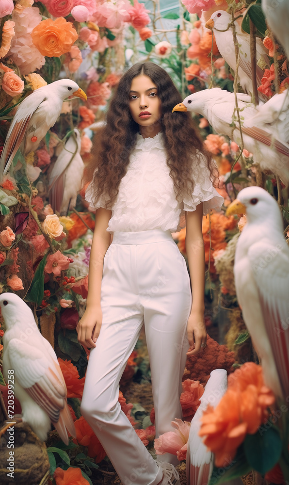debiesn_ AI fashion_editorial_photography_style_young model among a surreal garden full of flowers and birds 