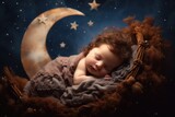 An adorable baby peacefully sleeps on a cozy blanket next to a delicate crescent shape., Newborn baby girl sleeping on the moon, AI Generated