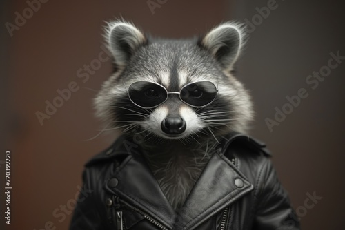 A raccoon decked out in a leather jacket and shades. Generative Ai.