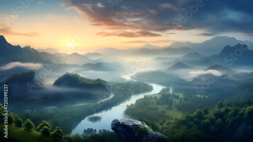 y peaceful dawn mist landscap,, A mountain landscape with a lake and mountains in the background 