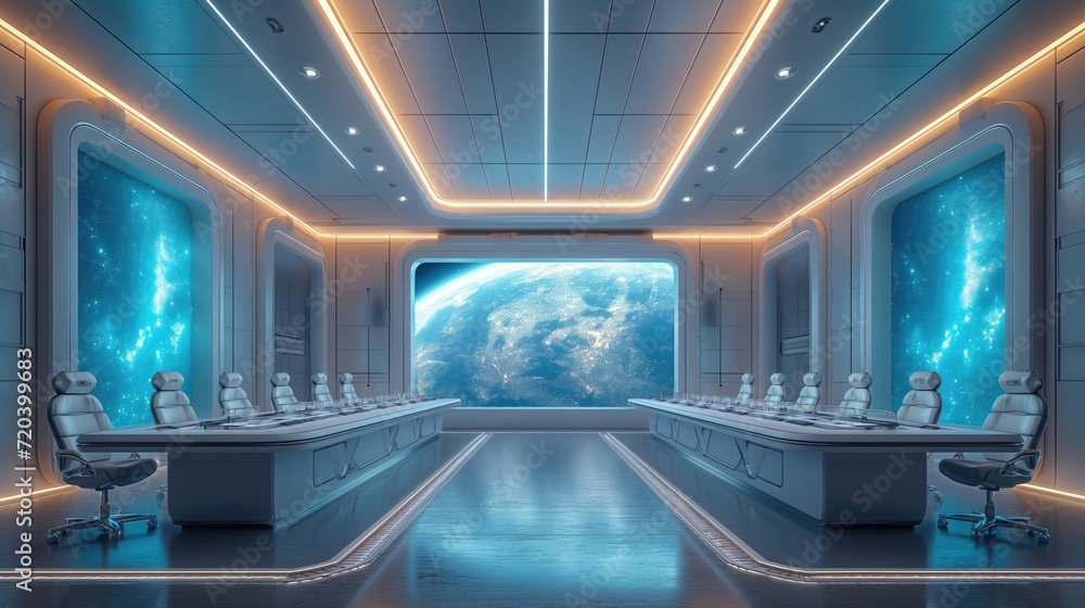 Futuristic meeting room in a spaceship. Salle de réunion futuriste dans un vaisseau spatial. - obrazy, fototapety, plakaty 