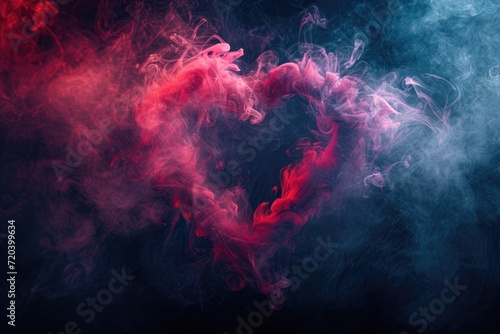 Ablack backdrop with a pink smoke heart shape. Generative Ai.