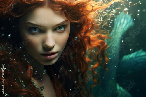 Generative ai creative collage of aquatic humanoid creature mermaid swimming underwater © Tetiana