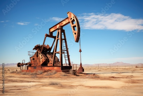 An aging oil pump stands alone in a desolate landscape, representing the remnants of a forgotten era., Old rusted crude oil pumpjack rig in desert, AI Generated