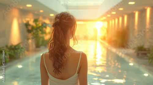 A woman with her back to a swimming pool at a thalassotherapy center. Une femme de dos face à une piscine dans une thalassothérapie. photo