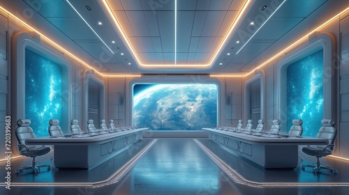 Futuristic meeting room in a spaceship. Salle de r  union futuriste dans un vaisseau spatial.