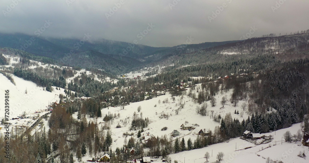forest covered with snow aerial view. Aerial View of Village in Mountains