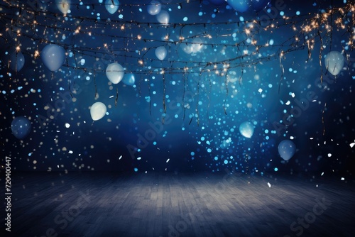 A spacious room illuminated by multiple hanging ceiling lights against a dark backdrop., Party Background with lights, confetti, balloons and serpentine, AI Generated