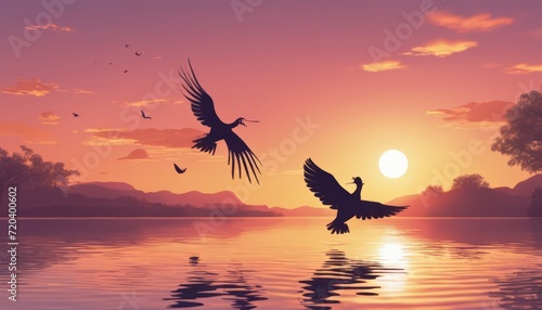 Two birds flying over a lake at sunset