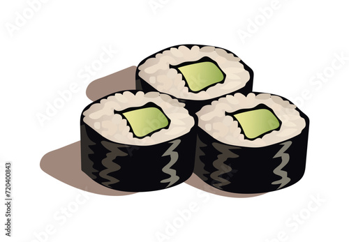 Sushi element of colorful set. This artistic representation showcase tasty avocado rolls in a whimsical cartoon style, creating a visually engaging and appetizing artwork. Vector illustration.