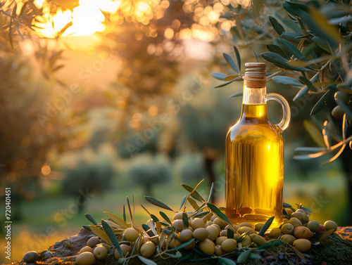 A bottle of olive oil and a bowl of mixed olives on a rustic wood surface with an olive grove and sunset in the background. Generative AI