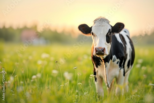 Single domestic cow peacefully grazes in a sunlit summer meadow  with a faint outline of a house or farm in the background