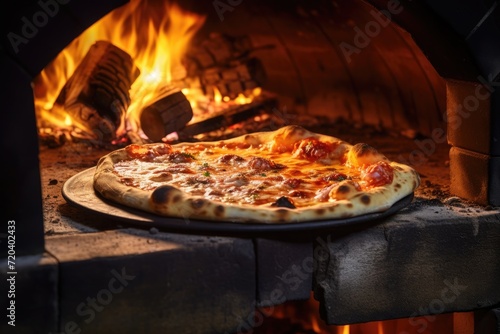 A freshly baked pizza sits on a pizza pan, sizzling in front of a crackling fire, Pizza being baked in the wood oven, AI Generated