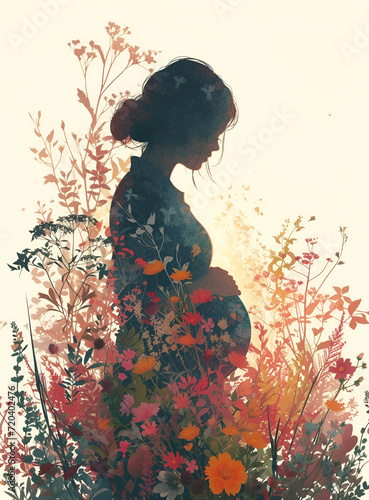 Mujer embarazada al  redor de  flores ilustrativo photo