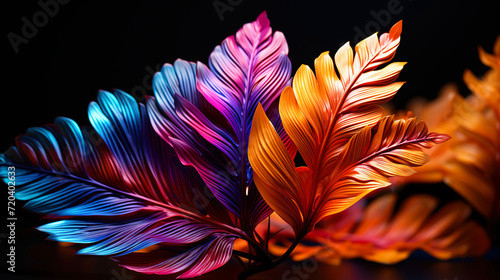 Smoth Colorful Autumn Tropical Leafs of a Dark Black Background 