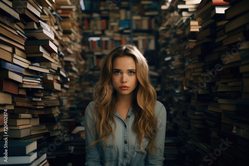Woman Standing in Room Full of Books, Reading and Learning Environment, portrait of a beautiful girl among the huge stacks of books in the library, AI Generated
