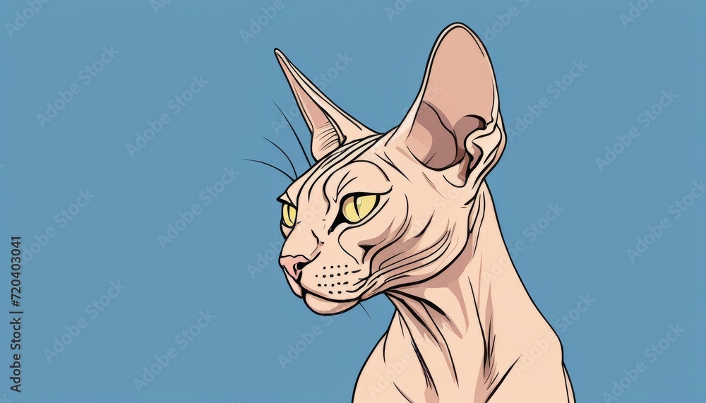 A drawing of a hairless cat with yellow eyes