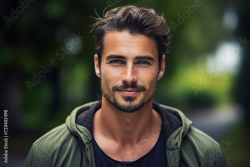 Portrait of a nice guy sunlight outdoors in big city modern man concept
