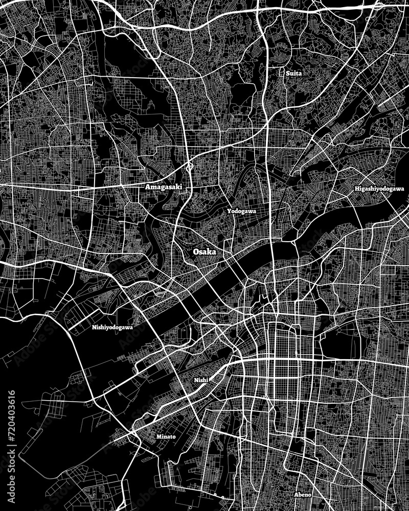 Obraz premium Osaka Japan Map, Detailed Dark Map of Osaka Japan