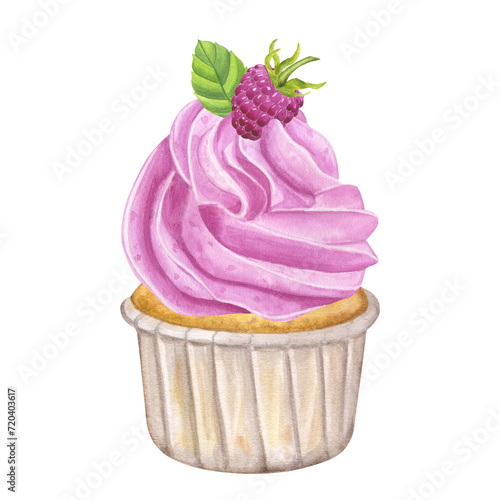 Cupcake pink sweet cream. Muffin, raspberry, mint. Food clipart. Postcard Valentine's Day. Hand drawn watercolor illustration isolated on white background. For cafe menu pastry shop