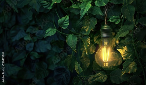 Green innovation concept: light bulb filled with lush green leaves on a dark background, symbolizing the integration of nature and technology