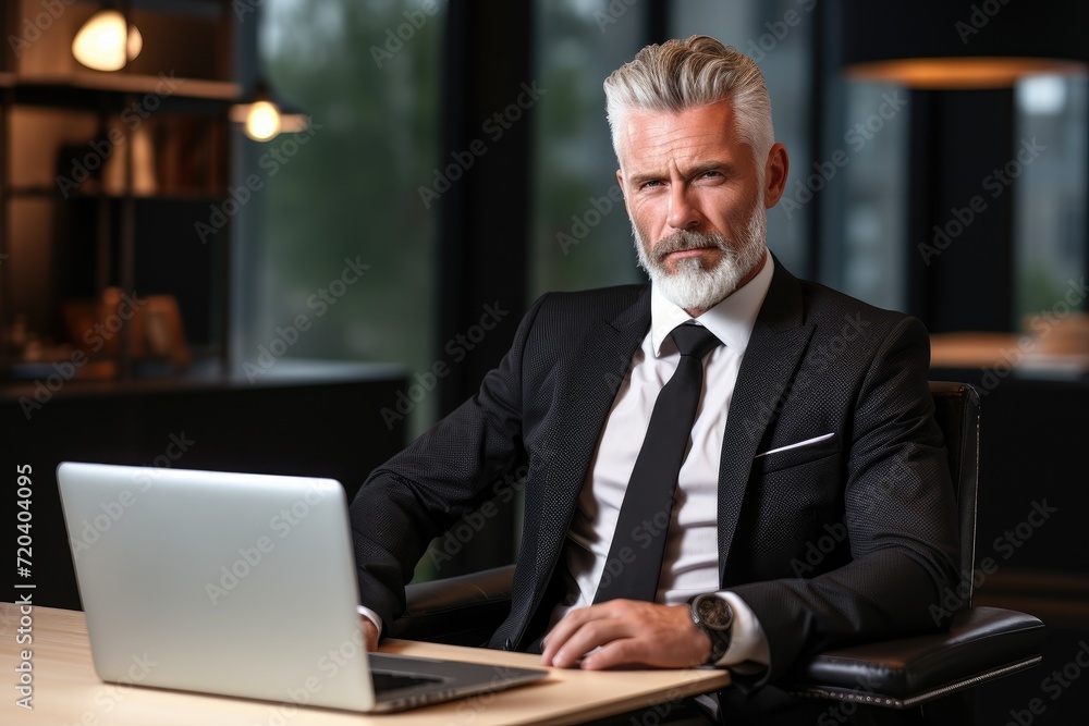 A professional man in a suit is focused on his work, typing on a laptop at his desk, Portrait of mature boss inside office with laptop, AI Generated A professional man in a suit is focused on his work, typing on a laptop at his desk, Portrait of mature boss inside office with laptop, AI Generated