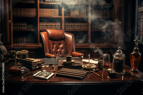 A glass of cognac with ice and cigar on a wooden table retro office made with generative AI