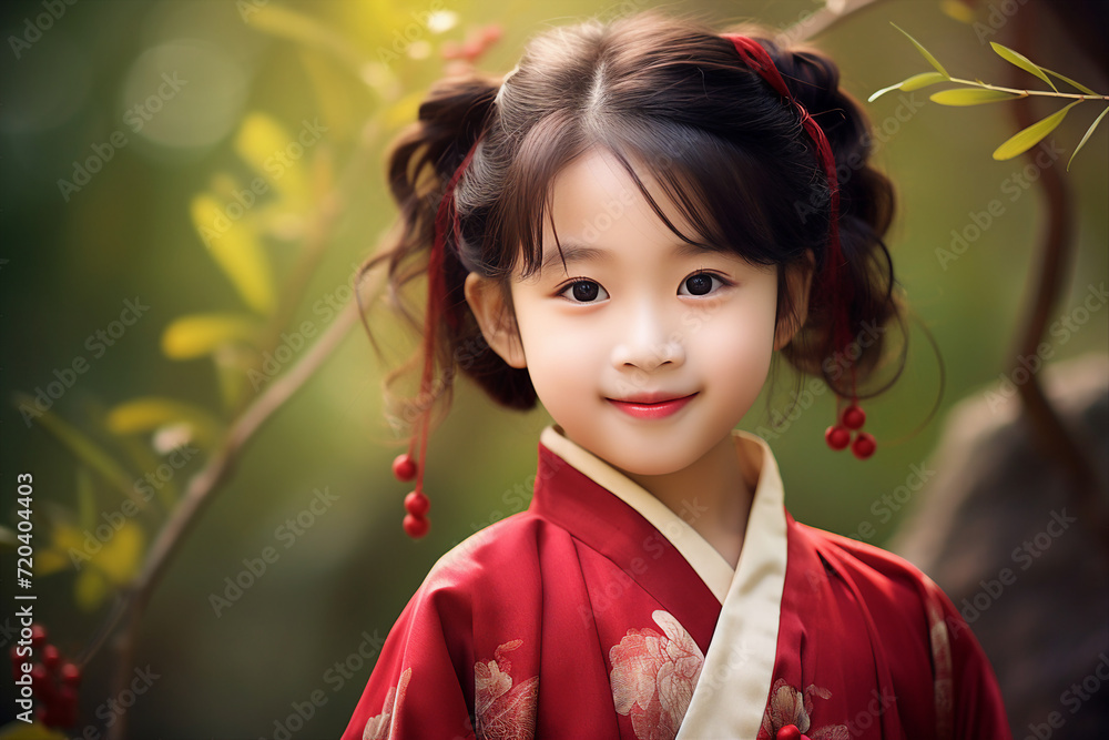Photo of lovely adorable cute chinese girl wear traditional kimono made with generative AI Photo of lovely adorable cute chinese girl wear traditional kimono made with generative AI