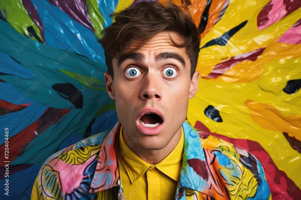 A man is caught off guard with a look of surprise on his face, portrait of young man in colorful clothes with big eyes and open mouth expressing the emotion, AI Generated