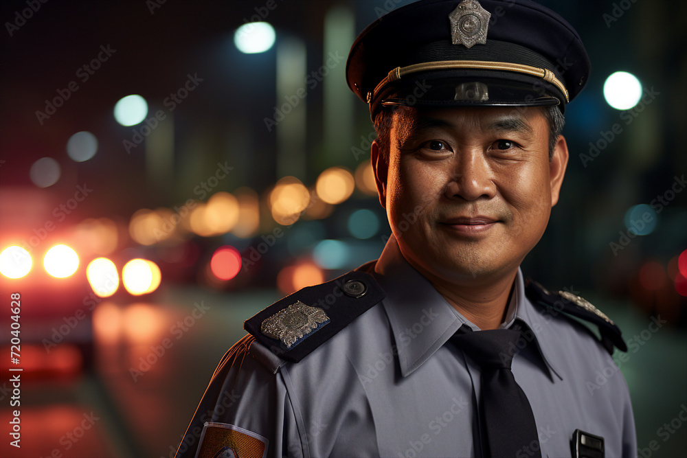 Young man woman working as police officer or cop closeup portrait blurred city background Generative AI Young man woman working as police officer or cop closeup portrait blurred city background Generative AI