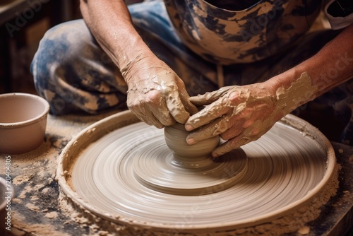 A skilled man demonstrates the traditional pottery crafting process by making a pot on a potters wheel, potter using a pottery wheel to create matching ceramic cups, AI Generated