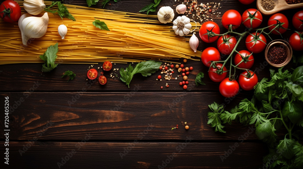 Composition with pasta and cooking ingredients on wood background, top view Composition with pasta and cooking ingredients on wood background, top view