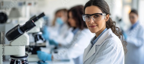 Female scientist in modern medical lab with team of specialists on blurred background