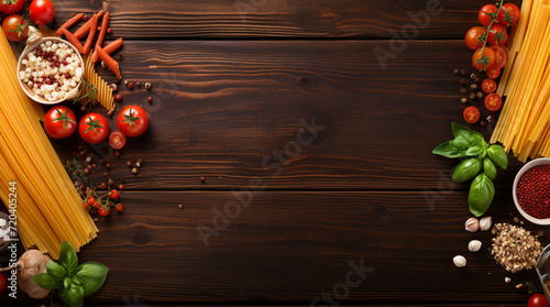  Composition with pasta and cooking ingredients on wood background  top view