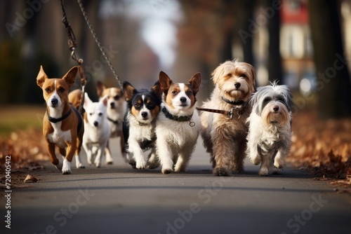 A collection of dogs of various breeds and sizes walking together down a city street, Professional Dog Walkers, Dog Walking Business, Services, AI Generated