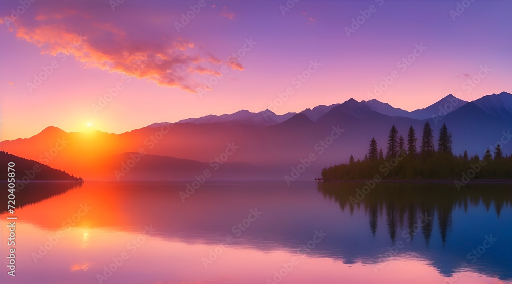 Scene of a colorful sunrise reflecting off the calm waters of a pristine lake