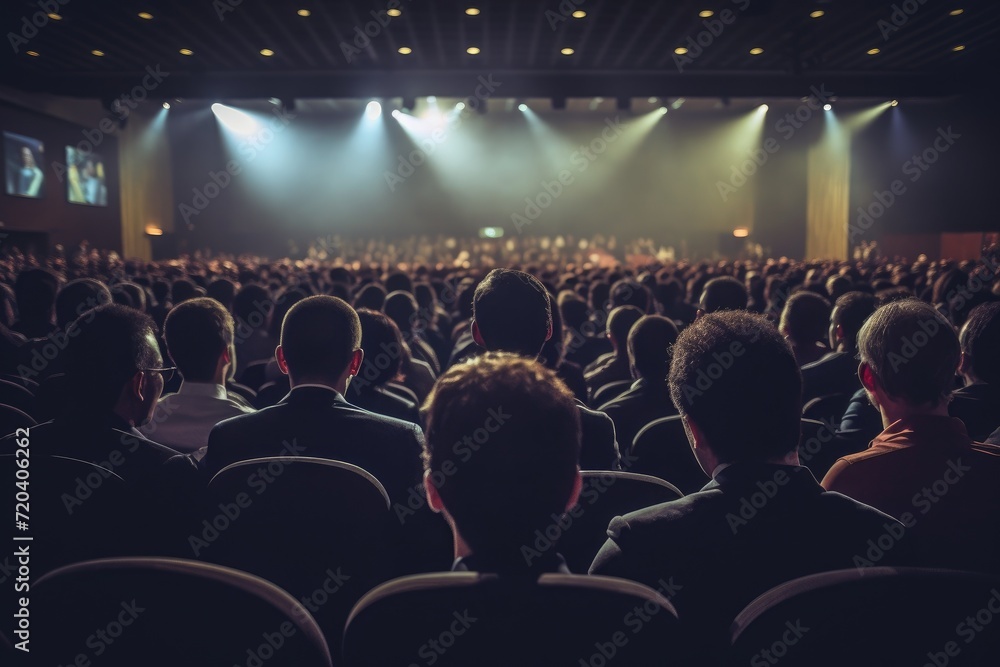 A group of individuals gathered closely together, seated in front of a platform, Rear view of people in audience at the conference hall, AI Generated A group of individuals gathered closely together, seated in front of a platform, Rear view of people in audience at the conference hall, AI Generated