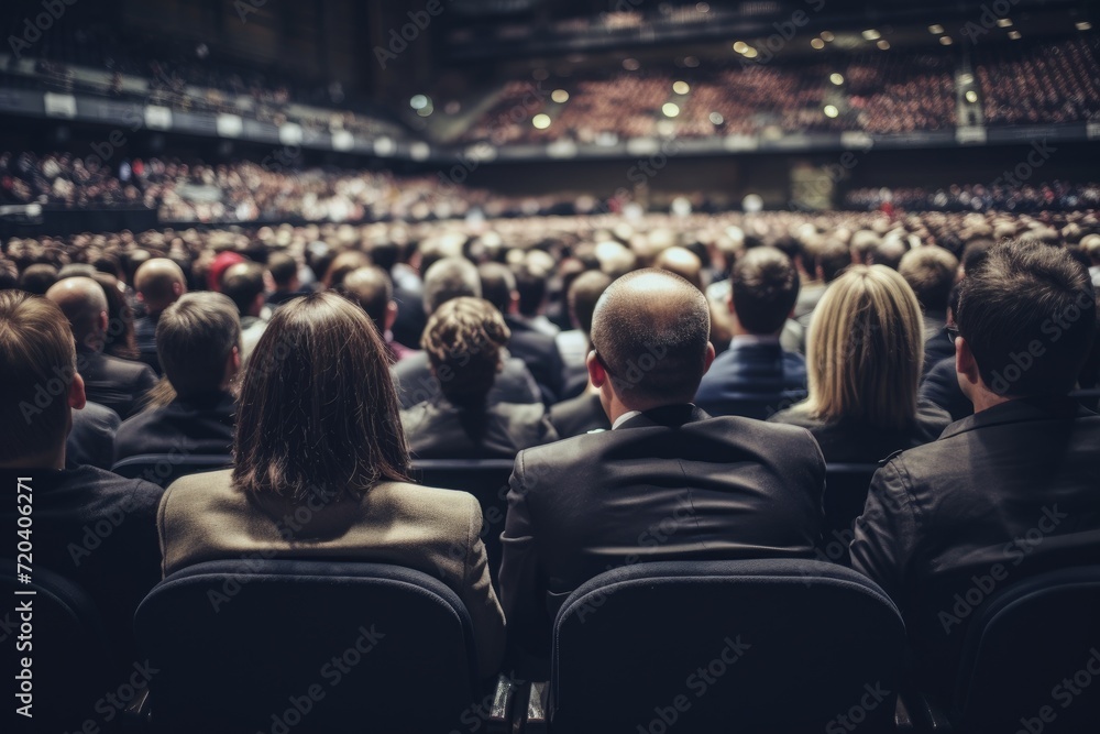 A diverse group of individuals sitting together attentively as they listen to a presentation in front of an audience, Rear view of people in audience at the conference hall, AI Generated