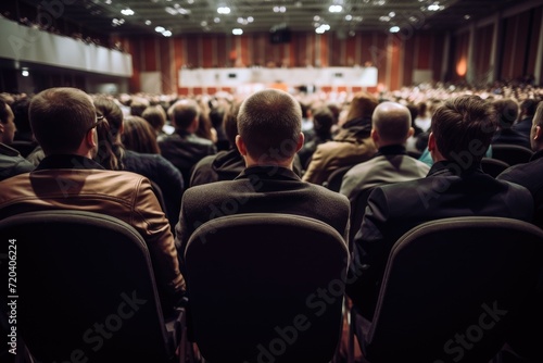 Large Group of People Sitting in Auditorium for Event or Presentation, Rear view of people in audience at the conference hall, AI Generated