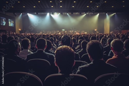 A group of individuals gathered closely together, seated in front of a platform, Rear view of people in audience at the conference hall, AI Generated