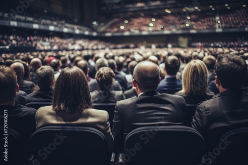 A diverse group of individuals sitting together attentively as they listen to a presentation in front of an audience, Rear view of people in audience at the conference hall, AI Generated