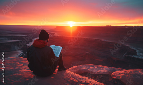 Man Reading Studying Bible Book Mountain Landscape